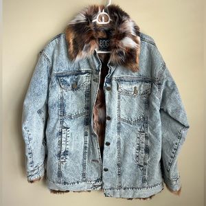 NWOT BDG Urban Outfitter Faux Fur Denim Coat XS/S
